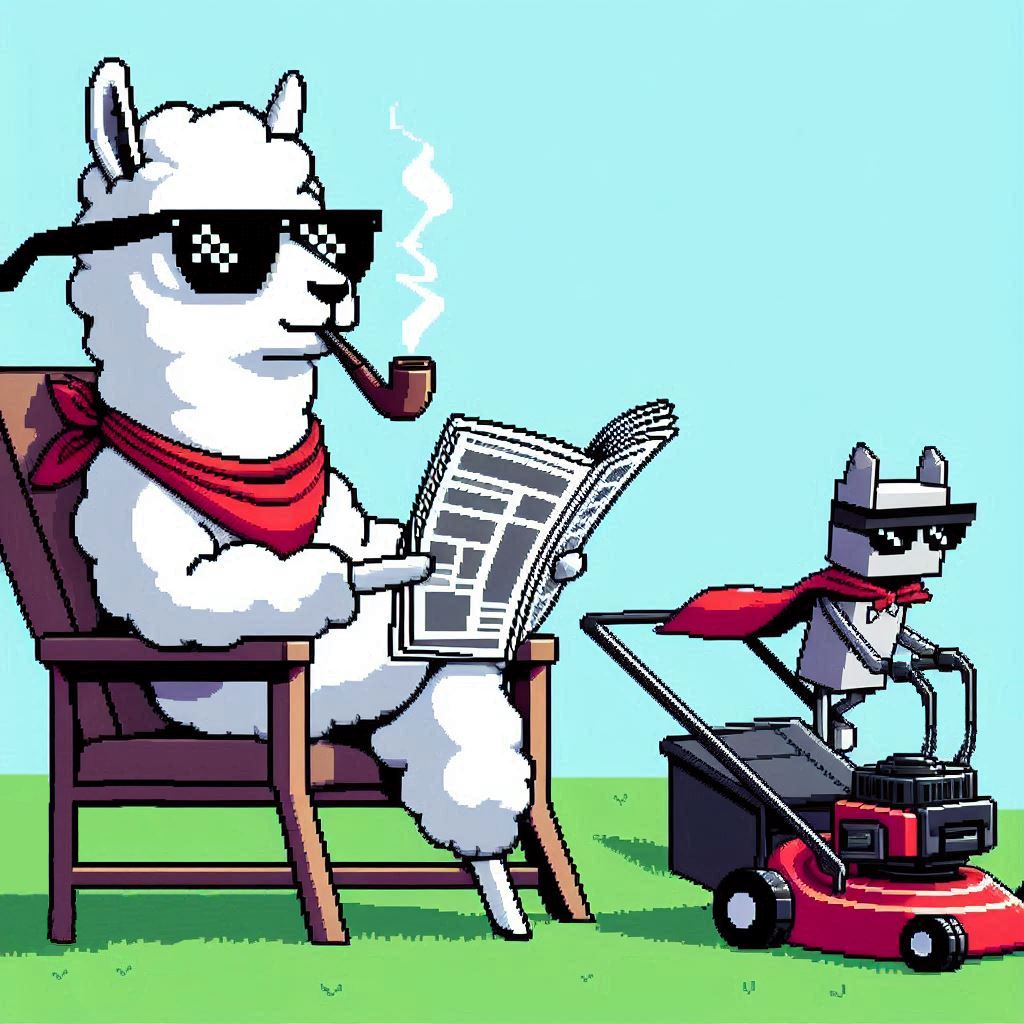 Alpaca relaxes reading the paper while robot Alpaca mows the lawn